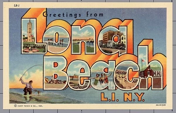 Greeting Card from Long Beach, New York. ca. 1943, Long Beach, New York, USA, LONG BEACH, LONG ISLAND. Facing South on the Atlantic Ocean, directly in the path of the Southwesterly ocean breezes, this clean and beautiful resort city is set away from inland heat. Just 45 minutes from Broadway, The City By The Sea offers ocean and still water bathing, golf, tennis, softball, sailing, and motorboating with frequent regattas, bay and deep sea fishing, and its famous boardwalk bordering the ocean beach for more than two miles