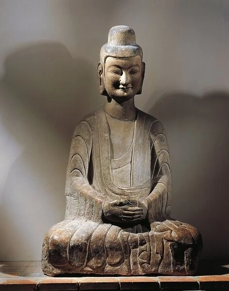 Henan province, Gongxian caves, Statue of a sitting Buddha, grey limestone