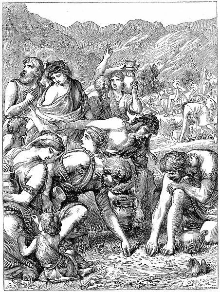 Israelites in the wilderness collecting the manna that fell from heaven. Bible: Nehemiah 9