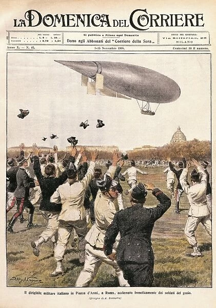 Italy, Milan, Flight of airship piloted by Crocco and Ricaldoni in Rome, on October 31st, 1908