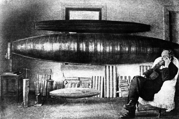 Konstantin tsiolkovsky, pioneer scientist in the field of rockets and space travel (cosmonautics), sitting in his workshop in kaluga, russia