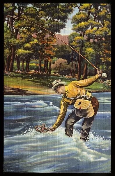 Man Catching Fish in River. ca. 1936, USA, GOT IM