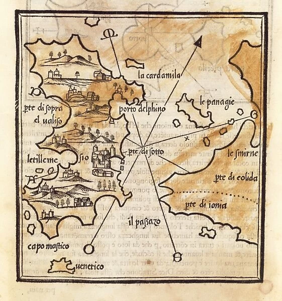 Map of Chios Island, Greece by Benedetto Bordone, 1460-1531, from Isolario, Book of Islands, 1528
