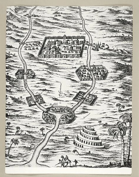 Map featuring Mesopotamia and Tower of Babel, engraving