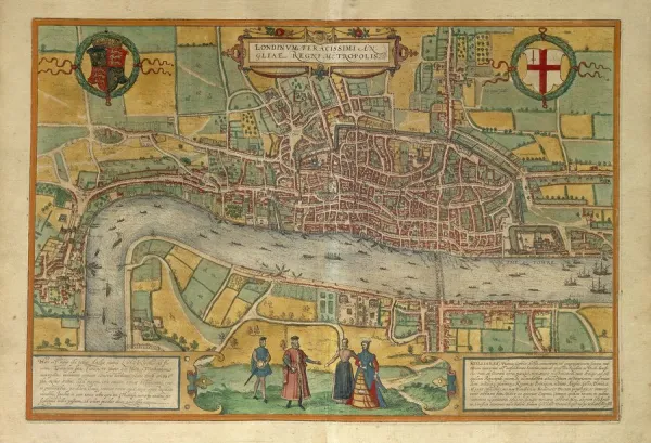 Map of London from Civitates Orbis Terrarum by Georg Braun, 1541-1622 and Franz Hogenberg, 1540-1590, engraving