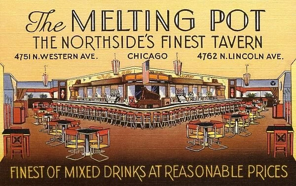 Melting Pot Tavern in Chicago. ca. 1946, Chicago, Illinois, USA, THE MELTING POT. 4762 N. LINCOLN AVE. 4751 N. WESTERN AVE. SUNnyside 9024. CHICAGO 25, ILL