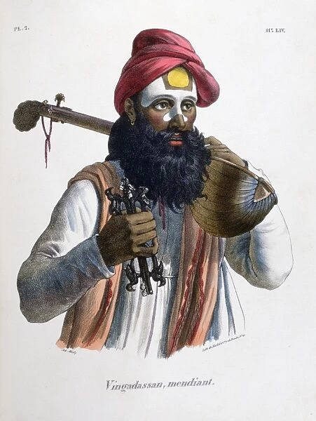 Mendicant musician carrying a stringed instrument similar to a lute. Hand-coloured