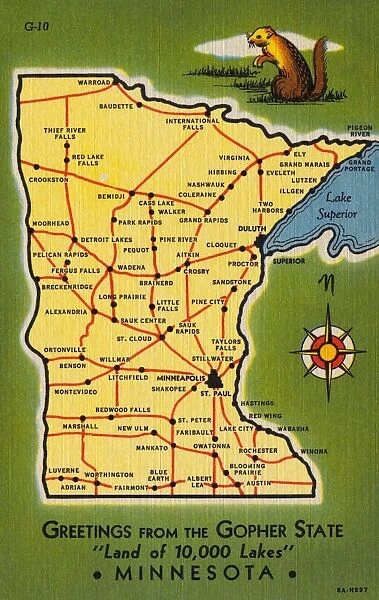 Minnesota State Map. ca. 1938, Minnesota, USA, GREETING FROM THE GOPHER STATE Land of 10, 000 Lakes MINNESOTA