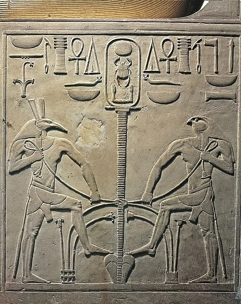Pharaoh Sesostris I statue, details from throne depicting Horus and Seth, from Al Lisht, Egypt