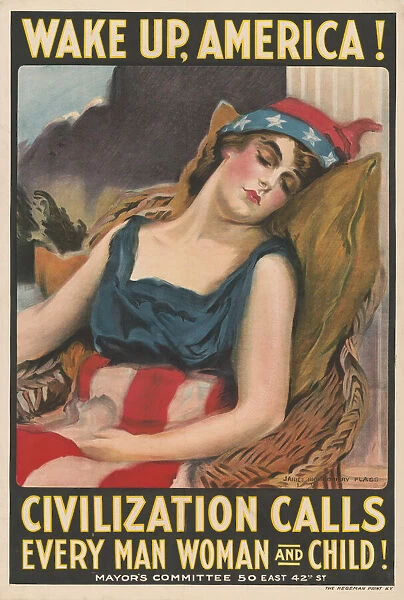 Portrait of Lady Liberty Sleeping, 'Wake Up America!, Civilization Calls Every Man, Woman and Child!', World War I Recruitment Poster, 1917