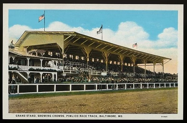 Postcard of Grand Stands at Pimlico Race Track. ca. 1916, Grand stand, showing crowds, Pimlico race track, Baltimore, MD