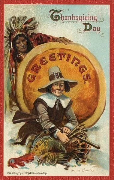 Postcard of Pilgrim Plucking a Turkey. ca. 1910, Thanksgiving Day, Greetings