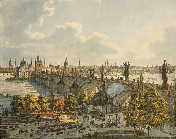 Prague, view of Ponte Carlo (Charles Bridge) over Vltava River, engraving