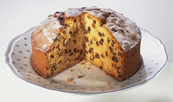 Raisin cake on a plate with a section removed, front view