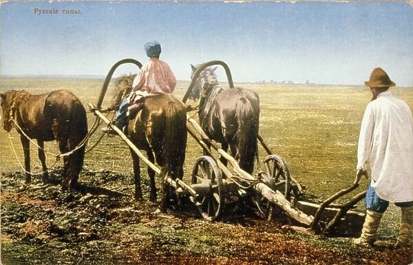 Russian peasants tilling a field in the late 19th century