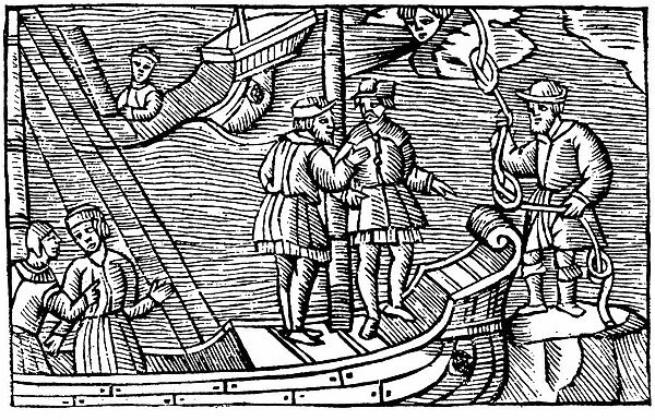 Sailors buying winds (tied in knots) from a magician. From Olaus Magnus Historia
