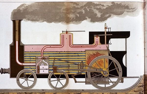 Sectional view of a mid-19th century steam railway locomotive showing firebox and boiler tubes