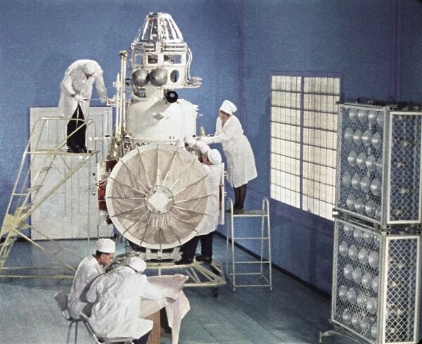 Soviet space probe venera 5 or 6 being prepared for its launch in january 1969, this is a still from the film the storming of venus, produced by e, kuzis at the tsentrnauchfilm central scientific film studio, released on may 17, 1969
