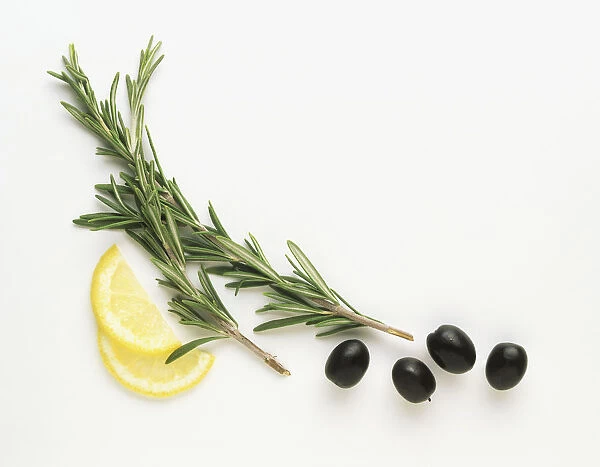 Two sprigs of rosemary, two slices of lemon and four black olives