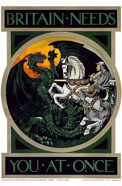 UK: Britain Needs You At Once. First World War recruitment poster featuring a British George and an Austro-German Dragon, London, 1915