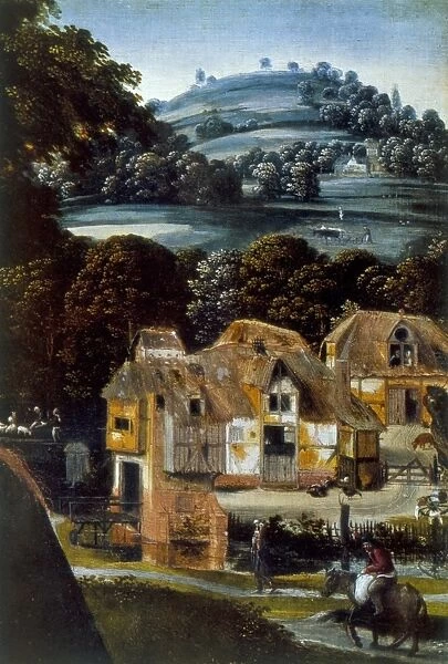 Virgin and Child Detail: Thatched buildings on edge of woods and fields