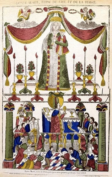 Virgin Mary as Queen of Heaven (top): Priest celebrating Mass (Eucharist. Communion) at bottom