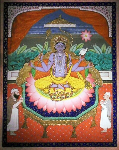 Vishnu on a lotus petal throne. Early 1900s, India. Gold leaf and gouache on paper