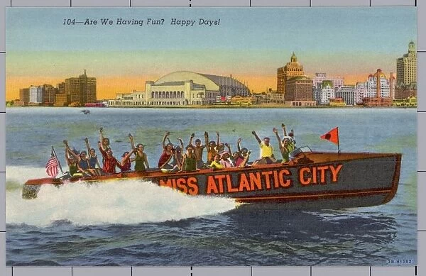 Visitors Taking Boat Tour near Waterfront. ca. 1943, Near Atlantic City, New Jersey, USA, 104-Are We Having Funja Happy Days A thrilling ride in a 45 horse-powered speedboat that takes patrons for a 10 mile spin along the ocean front of the Boardwalk is one of the recreational pleasures indulged in by Atlantic City visitors