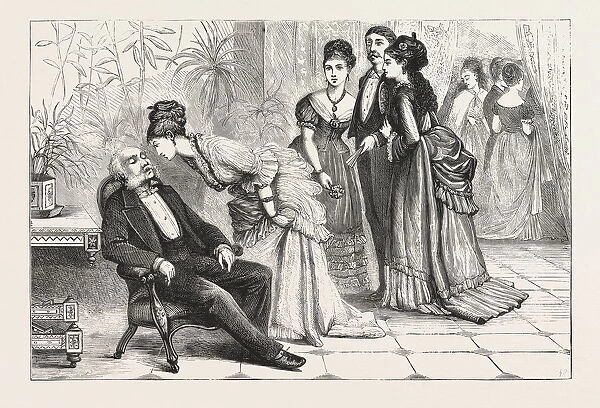 WINNING THE GLOVES. ENGRAVING 1876, man, ladies, interior, sleeping, gathering