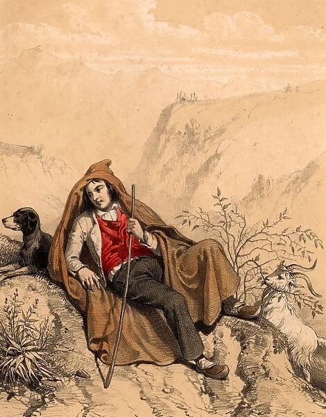A young goatherd in the French Pyrenees, accompanied by his dog, keeps an eye