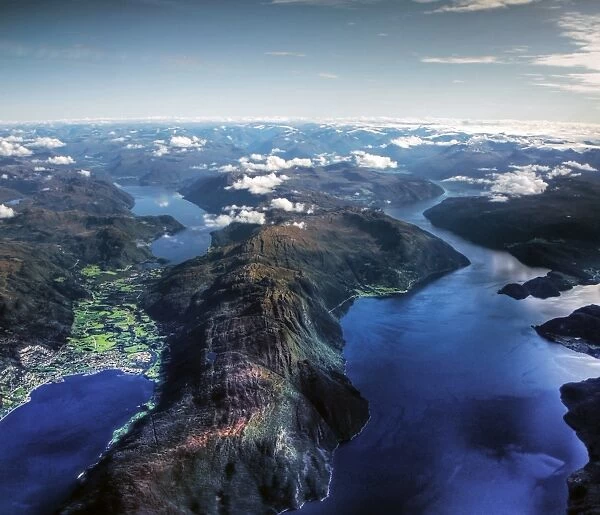 Aerial view of Sunmore deep fjords and mountains