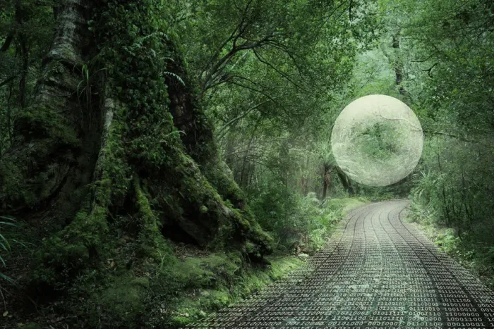 Framed Print : Binary Code Print: Glowing Orb Over Forest Path