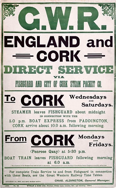 England and Cork - Direct Service, GWR poster, 1919