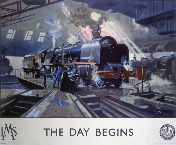 Framed Print : The Day Begins Print, 1946 LMS locomotive poster Framed Print : The Day Begins Print, 1946 LMS locomotive poster