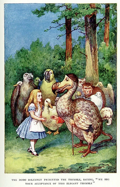 Alice in Wonderland. Vintage colour lithograph of Alice and the Dodo,