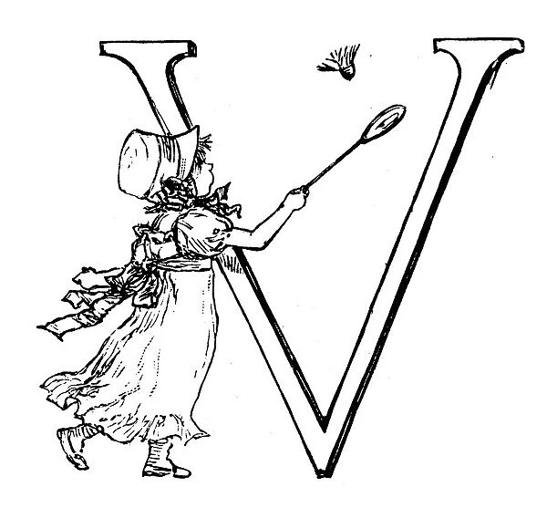 Antique children spelling book illustrations: Alphabet letter V