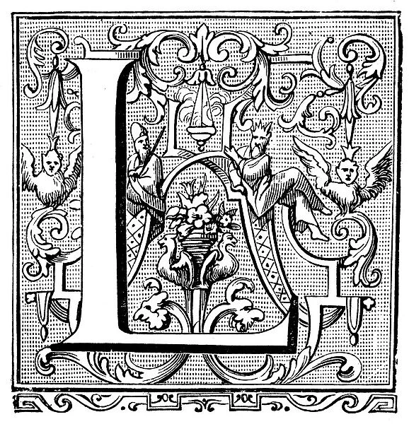 Antique illustration of ornate letter L