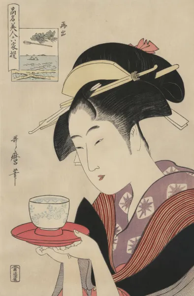 Antique Japanese Woodblock, woman serving tea