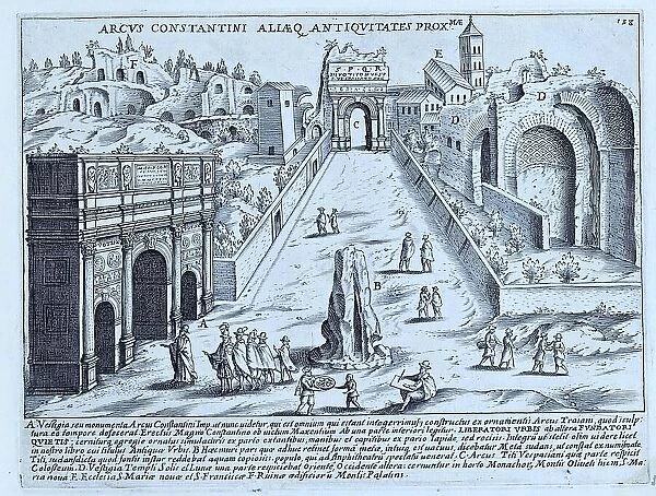 Arcus Constantini Allaeq Antiquitates Proxmae, The Arch of Constantine and its Ancient Surroundings. The Arch of Constantine was located between the Colosseum and the Palatine Hill, historical Rome, Italy