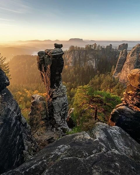 Bastion view with Wehlnadel, Elbe Sandstone Mountains, Saxon Switzerland, Germany