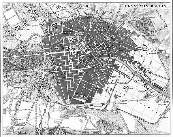 Berlin, Germany Map. Engraved illustrations of a Map of the City of Berlin, Germany