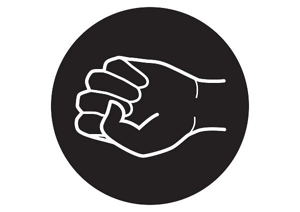 Black and white digital illustration of clenched fist in black circle