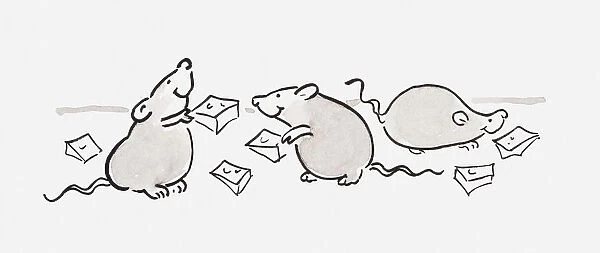 Black and white illustration of three mice eating cheese #13542127