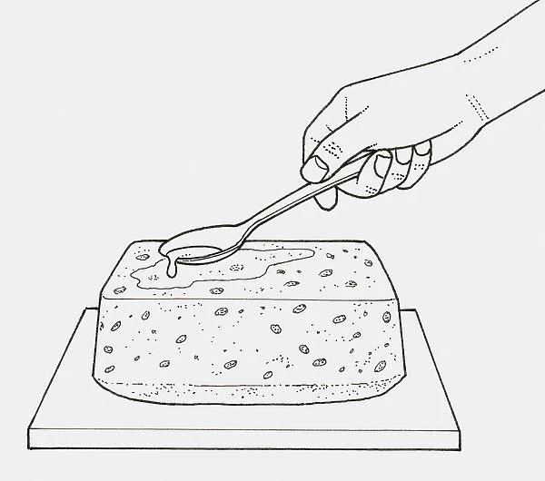 Black and white illustration of spooning syrup on top of baked cake