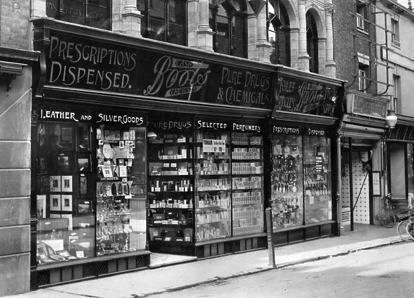 Boots The Chemist. October 1916: The exterior of Boots the Chemist shop