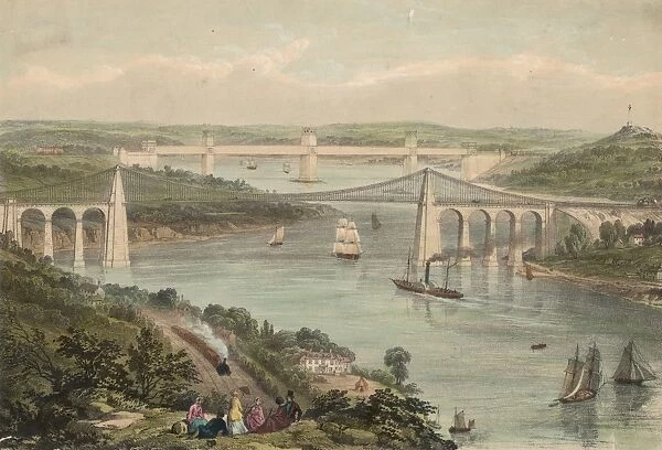 Caernarvon Bridges. The Menai Suspension Bridge, designed by Thomas Telford,