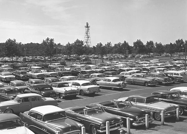 Cars in car park, (B&W), elevated view