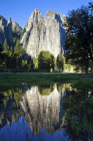 Cathedral Rocks are reflected in a pool of water in Yosemite National Park, CA