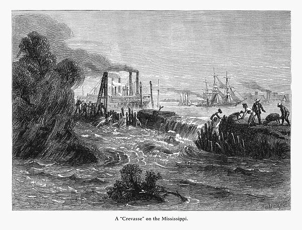 Crevasse in a Dyke on the Mississippi River at New Orleans, Louisiana, United States, American Victorian Engraving, 1872