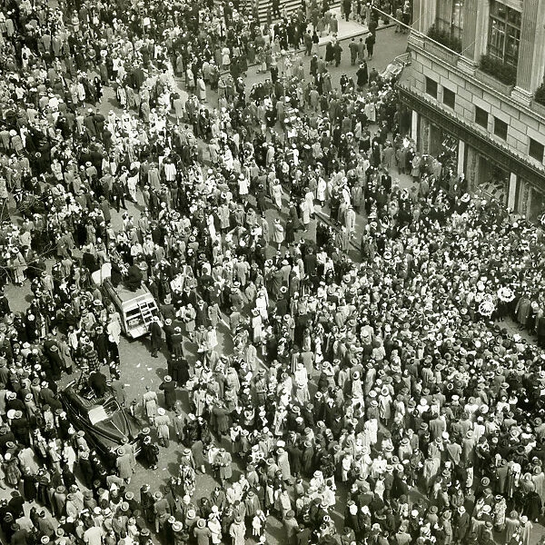 Crowd of people on street, news media broadcasting, (B&W), (Aerial view)